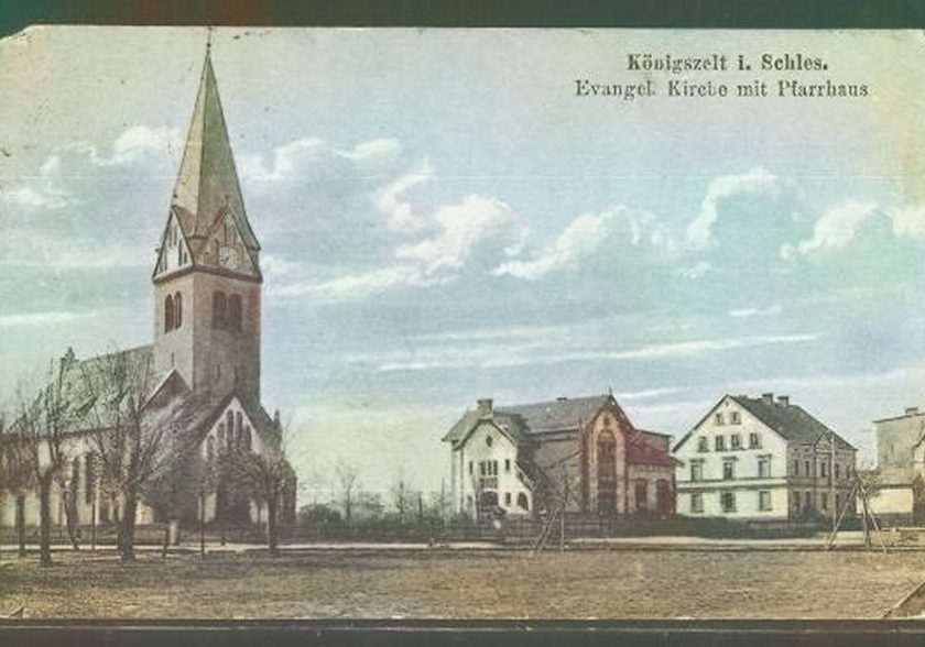 Königszelt / Jaworzyna Śląska, nieistniejący dziś kościół ewangelicki wraz z plebanią, Friedrichstrasse / ul. Westerplatte
