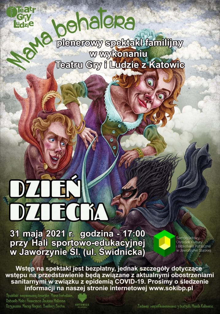 Plakat spektakl Mama Bohatera w Jaworzynie Śląskiej z okazji Dnia Dziecka
